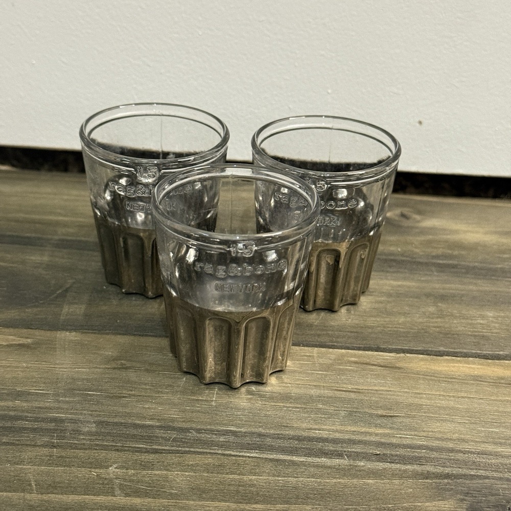 RAG &‎ BONE NEW YORK GLASS GUN METAL PLATED SHOT GLASSES -  1.5 Oz -SET OF 3